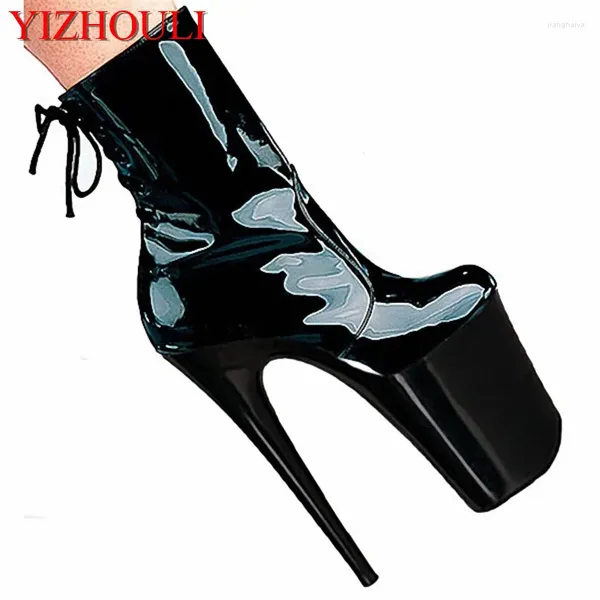 Tanzschuhe 20 cm schwarze sexy Patentleder -Knöchelstiefel ein niedriger Größe unter Boden Sex High Heels gut mit Special