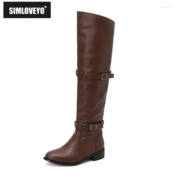 Stiefel Simloveyo Frauen Oberschenkel 51 cm Breitbein Blockabsätze 3,5 cm Schlupf auf Gürtelschnalle Plus Größe 47 48 Western Stiefel zwei tragen Schuhe