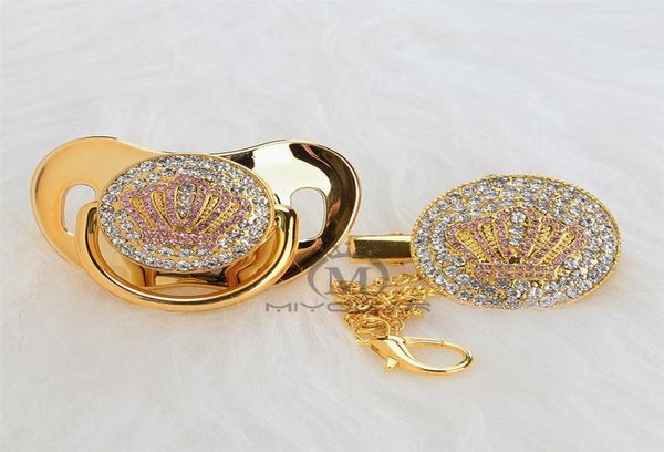 Miyocar Gold Beautiful Gold Bling Pink Crown Schnuller und Schnuller Clip Set BPA Dummy Bling einzigartiges Design APCB232T5419219