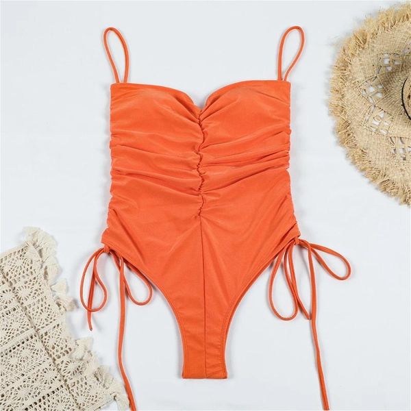 Biquíni júnior feminina de banho de banho One Swimsuit V Spaghetti Strap Shirred Monokiny Tie Side Styler