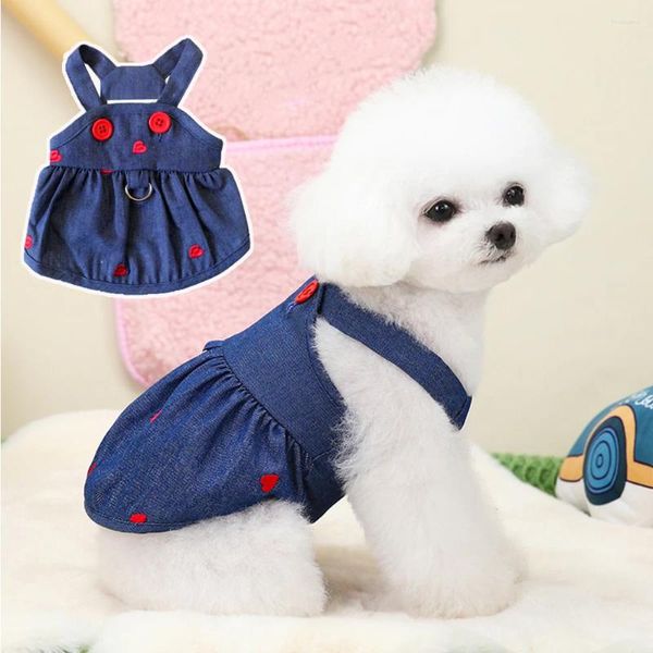 Abbigliamento per cani cucciolo di gatto cinghia abiti in denim primaverile Autunno rosso ricamo a cuore abbottina abito di zucca per orsacchiotto schnauzer piccoli abiti da compagnia