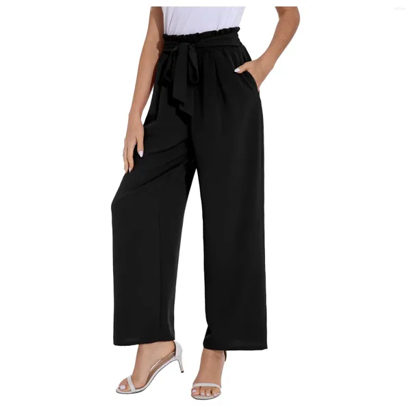 Pantaloni da donna pantaloni neri arruffati con piega piegata in alto gamba larga gamba allungamento fluido colore solido palazzo dritta