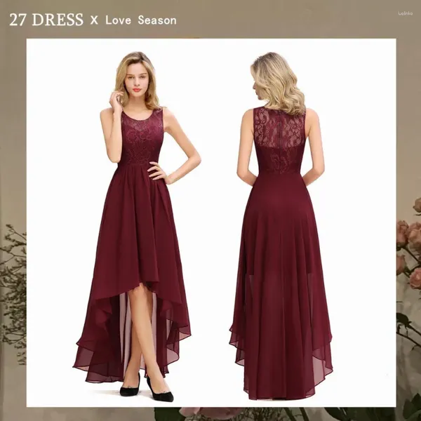 Partykleider Ankunft Burgund High Low Lace Chiffon Langes Abendkleid sexy reine Rückenkleider Vestido de Festa