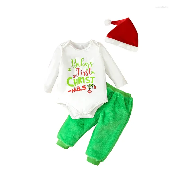 Наборы одежды Осень Рождество младенца мальчики наряды с длинным рукавом печати с помощью писем с длинным рукавом, зеленые плюшевые брюки Санта