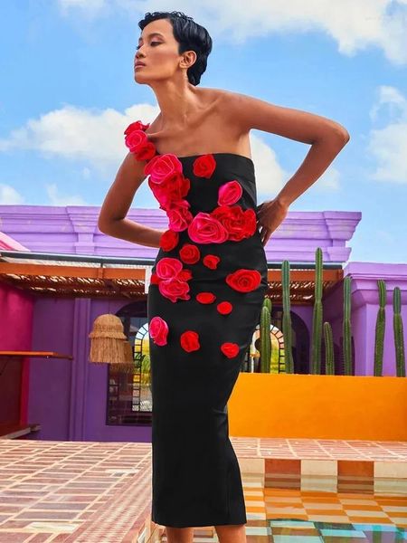 Landebahnkleider Frauen sexy eine Schulterblume schwarzer Verbandskleid 2024 Promi Elegante Abend Club Party Unterzeichner Designer Bühnen -Outfit