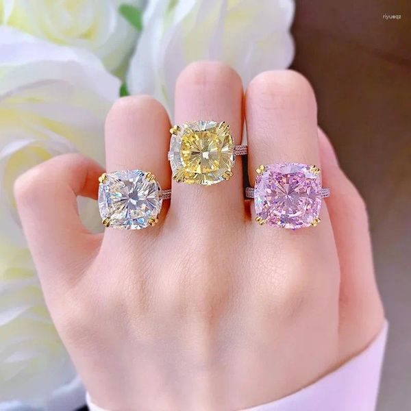 Ringos de cluster S925 Silver Ring Fashion Design personalizado, estilo Instagram Princess quadrado 14 mm 14mm Diamond Finger Girl