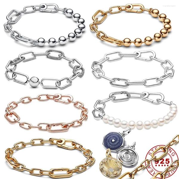 Cadeias 925 Pulseira de cadeia de links de prata para mulheres coleta de pérolas de pérolas de ouro rosa festival de jóias de jóias de moda diy