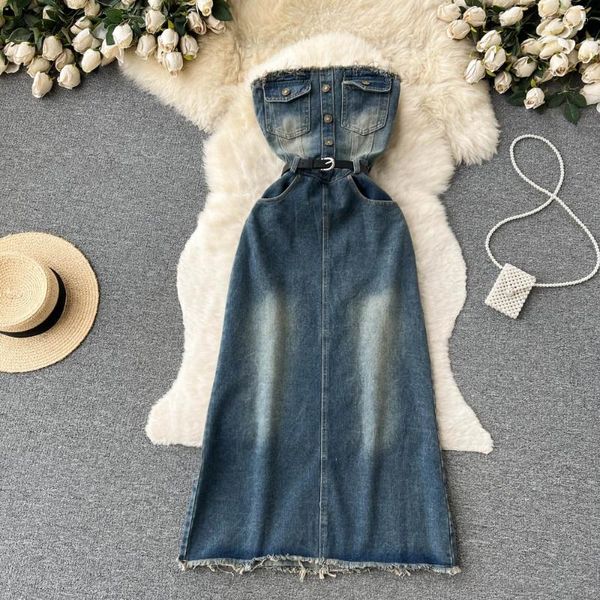 Sıradan elbiseler İlkbahar ve yaz tasarım duyu göğsü göğüslü bel sıska yapmak eski saç kenar baharatlı kız bir kelime retro denim elbise