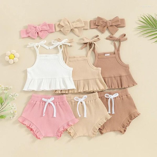 Set di abbigliamento per neonati bambina abiti estivi estivi arruffati con canottiere senza maniche pantaloncini elastici graziosi elabo