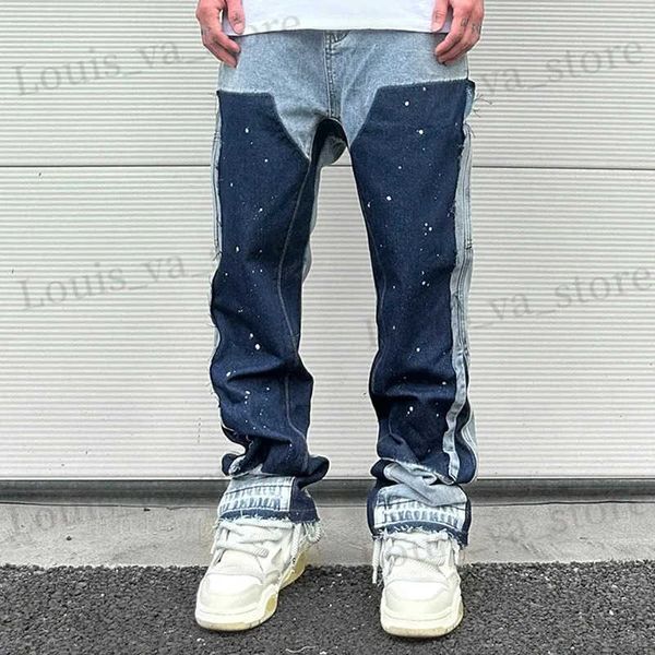 Jeans maschile inchiostro europeo inchiostro spruzzati jeans svasati per uomo contrasto color looen fit strtwear vestiti denim orlo aperto maschi pantaloni larghi t240419