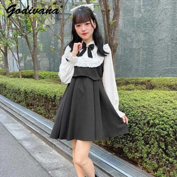 Freizeitkleider Herbst- und Winterkleid für Frauen japanischer Stil Lolita weibliche karierte Stichbogenspitze süße Damen Langarm