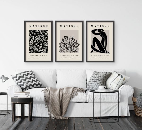 Set d'arte di pannello di 3 poster per dormitori, stampe museali, Nu bleu nero beige vintage, donna astratta set moderno