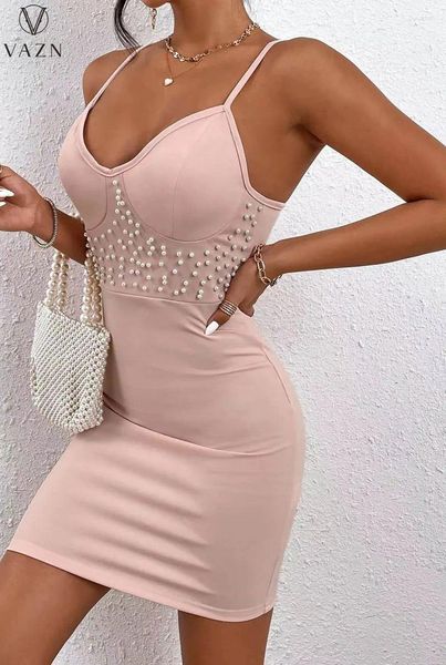 Vestidos casuais Vazn 2024 Chegada miçanga jovem sexy spaghetti tira sem mangas estilo backless rold altas mulheres vestido skinny skinny