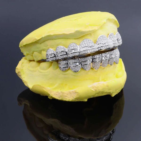 Cadeias Moissanite Grillz Jóias de hip -hop personalizadas dentes de ouro 18K de dentes banhados a ouro invisíveis com Jóias de Mossanita VVS de Princess Cut 925 Silver VVs