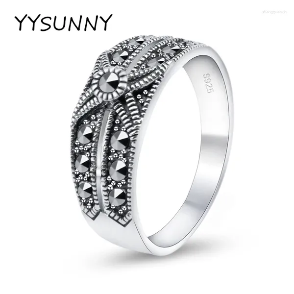 Clusterringe Yysunny 925 Sterling Silber Marcasit Ring Vintage thailändischer ethnischer Stil Frauen Party