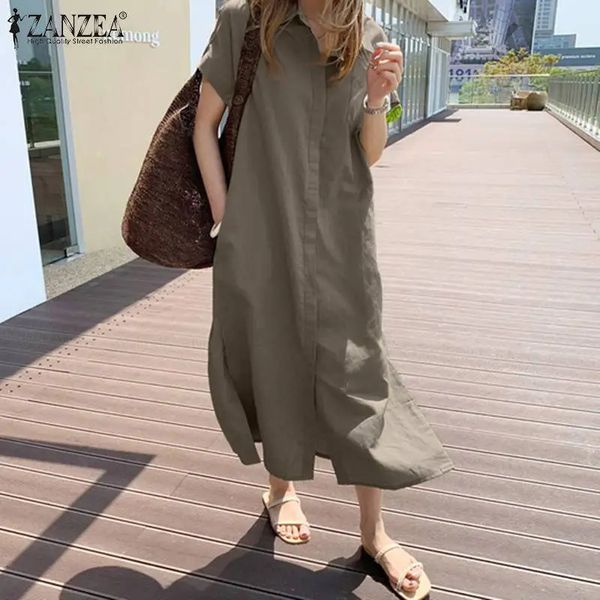 Vintage Solid Shirt Kleid Zanzea Frauen Sommer Sundress Casual Short Sleeve Mid-Calf Vestdos Revers Button Robe Femme Übergroße 240407