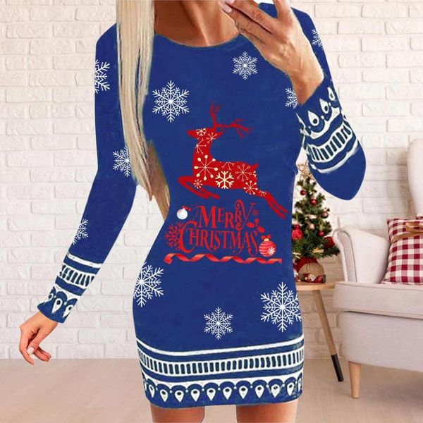 Lässige Kleider Langarm runden Hals Hip Wrap Kleid Weihnachten Elchdrucke weiche schlanke elegante Party für Frauen Robe Femmes