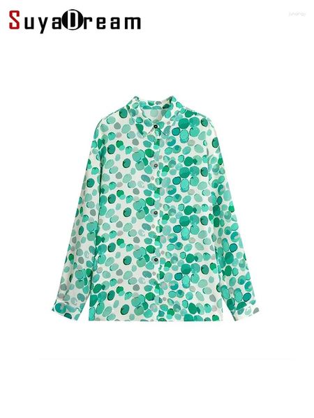 Kadınlar bluzları Suyadream kadın baskılı gömlekler ipek krep yaka yeşil 2024 ilkbahar yaz ofis bayan üstü
