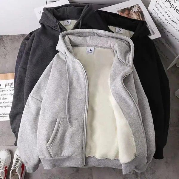 Herrenjacken trendy Sweatshirt -Mantel Vordertaschen warme Reißverschluss Lamm Wolljacke Männer und Frau Winter rein Farbe Plüsch gefüttertes Strickjacken Hoodie