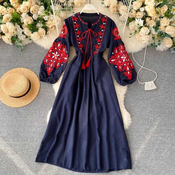 441x Ethnische Kleidung Hikigawa Chic Mode Frauen nationaler Stil Stickerei O Hals Lose Kleider Casual Alle passen losen Kordelkordel vestidos mujer d240419