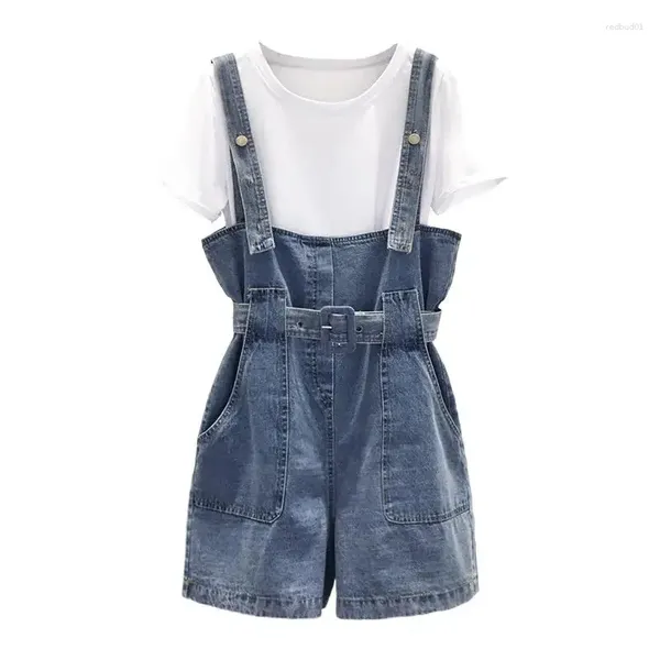 Damen-Shorts Jeans Frauen Denim Overalls Lose Frühlingssommergürtel Tasche Hosenträger gerade große Hose Studenten Overallsuits