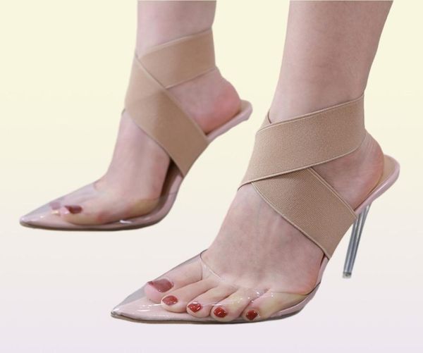 Plus size 35 a 40 41 42 Elastic Band Strap Strap Nude Transparente PVC Clear High Heels Sapatos de Designer de Luxo Vem 9309481