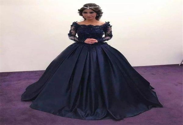 Bileau Dantel Saten Masquerade Balo Gown Afrika Akşam resmi elbise lacivert uzun kollu balo elbiseleri vestidos artı boyut 5770334