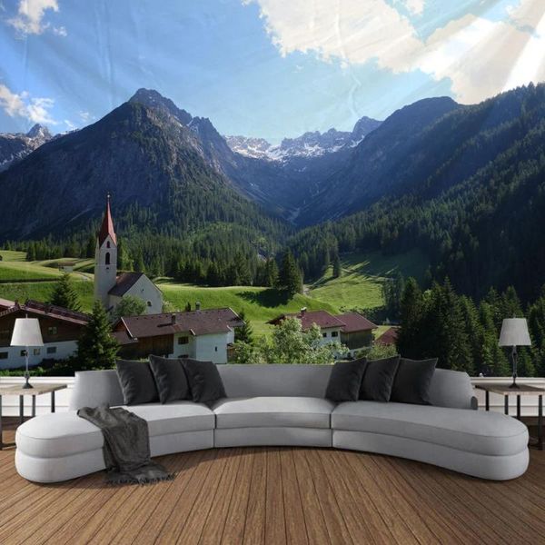 Arazzi di arazzi High Mountain Village Arte Murale di grandi dimensioni per camere da letto e soggiorni