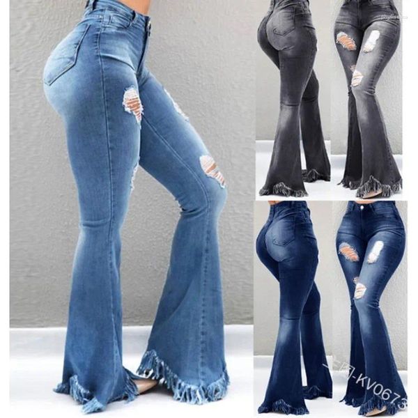 Frauen Jeans 2024 Damen machen alte zerrissene weiße hohe Taille schlanker Fit Quasten ausgefranste Kante dünne Jeanshosen