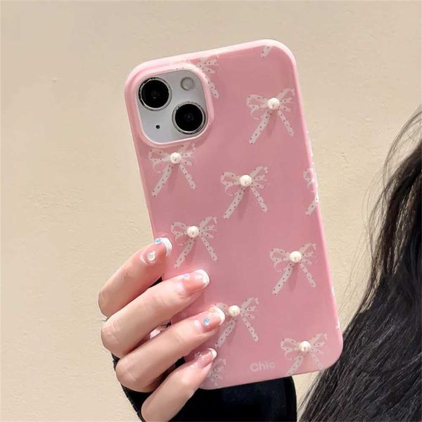 Корпуса мобильного телефона Корейский милый ярко -розовый лук 3D Жемчужный мягкий силиконовый чехол, подходящий для iPhone 15 14 12 Pro Max 11 Симпатичная глянцевая глянцевая крышка J240418