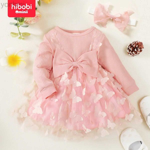 Vestidos de menina hibobi conjunto de 2 peças de mola bebê vestido de borboleta na moda e elegante e elegante pescoço arco de manga longa com faixa de cabeça D240423