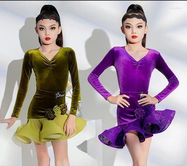 Trajes de dança latina para garotas para meninas e uniformes de treinamento de inverno e uniformes de veludo competição profissional de mangas longas