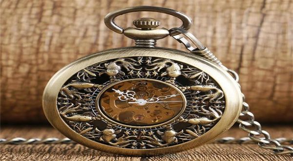 Steampunk Bronze Cavalna graziosa copertina di pesce rosso vento a mano meccanica orologio fob fob orologio a ciondolo a ciondolo per uomini wo4066920