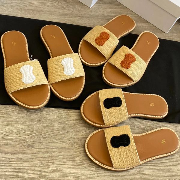 Damen Herren braune Dreikribünen Häkelstrohgeflügel Maultier flache Luxusschuhe Sunny Sandals Designer Slide Casual Schuhgewebe