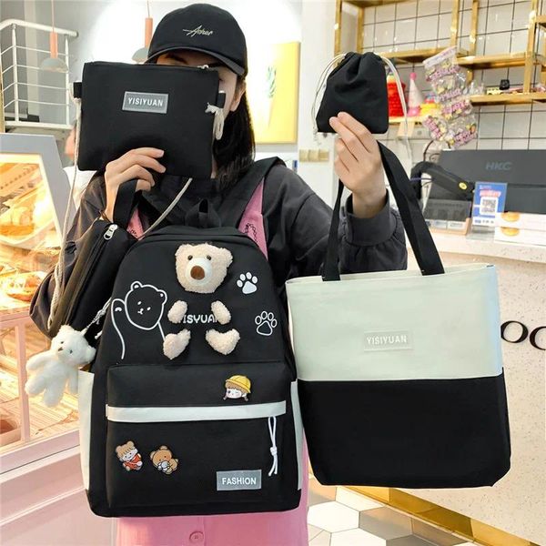 Sırt çantası beş parçalı okul çantası kadınlar Koreli tarzı sevimli ayı bebek ortaokul öğrencisi kampüs tuval