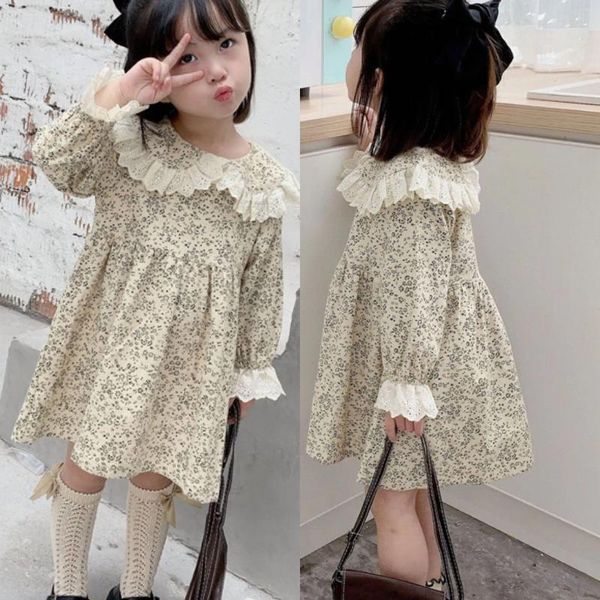 Mädchenkleider koreanischer Stil Frühlings Sommerkleidung für Kinder Blumendruck Prinzessin Kleid lose Langarm Baumwollbabykleidung