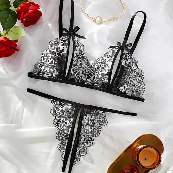 Bras define lingerie sexy para mulher oco com calcinha aberta de grochless sem calcinha de renda transparente de calcinha erótica