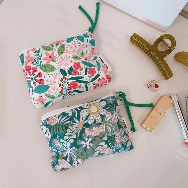 Bolsas de cosméticos pequenos verdes frescos de verão impressão floral feminino fone de ouvido batom saco de guardana