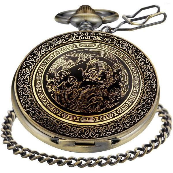 Relógios de bolso vintage Design chinês Dragon Quartz Watch Flip White Dial Colar Chain FOB Relógio Presente para homens