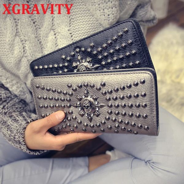 Portafogli xGravity Hot 2022 Punk Women Wallet Female Moone Female Portafoglio Long Wallet Rivets Lady Hot Zipper Borse Card Porta Pulsa H066