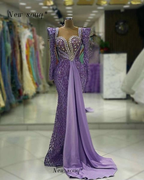 Abiti da festa araba viola glitter sequestrate in perline a maniche lunghe con percorso frontale 2024 Occasioni formali abiti da sposa