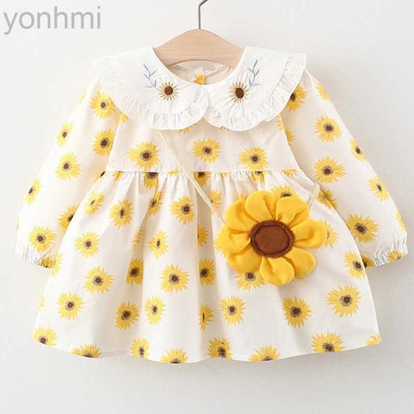 Mädchenkleider 2 Piece Frühling Fall Kleinkind Mädchen Kleidung Set Korean süßer Puppenkragen Langarmdruck Blumen Kleid+Bag Neugeborene Babykleider 074 D240419