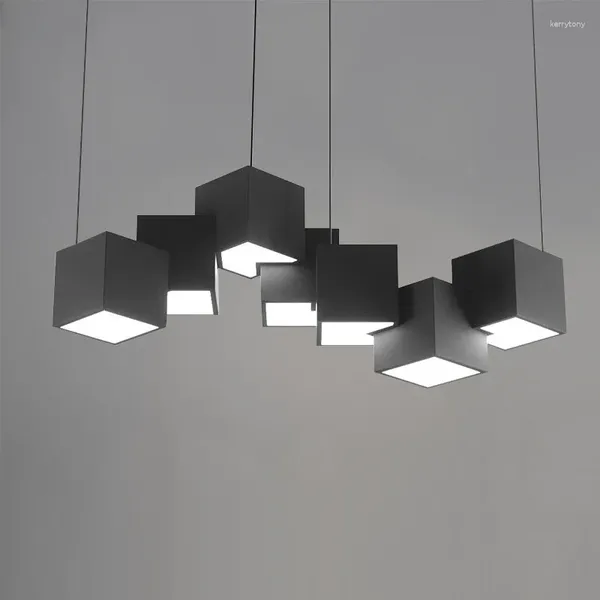 Kronleuchter moderne einfache LED -Anhänger Lichter Schwarz weiß Würfel Lebensraum Hängende Lampen für Deckenheimdekorationen Lampenleuchten
