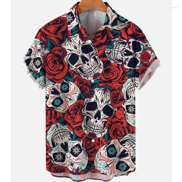 Herren lässige Hemden Vintage Shirt 3D Blumensekelettdruck beängstigend unheimliche Männer lose übergroße tägliche Kleidung Hawaiian-Shirt