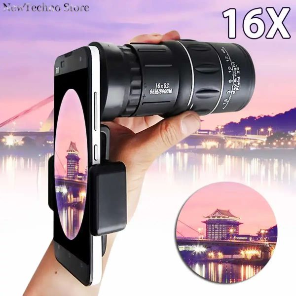 Telescopi 16x52 zoom smartphone escursionistico smartphone monocular telescopio telescopico fotocamera HD HD Hunting + supporto per smartphone mobile per iPhone XS Max