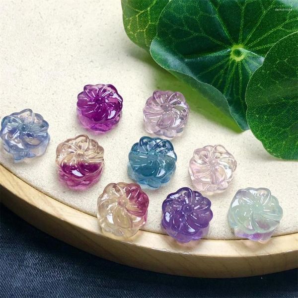 Pulseiras de link 10pcs fluorite natural pequena escultura em flores míticas de cristal esculpido cura fengshui presente de férias de férias 13mm 13mm