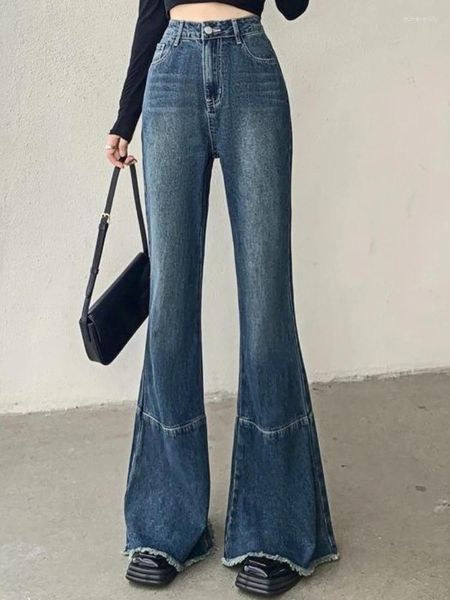 Jeans femininos Blue coreano Flue Flare Pants Women Patchwork Designer Vintage Slim Feminino Cantura alta elegante Casual 2024 Autumn