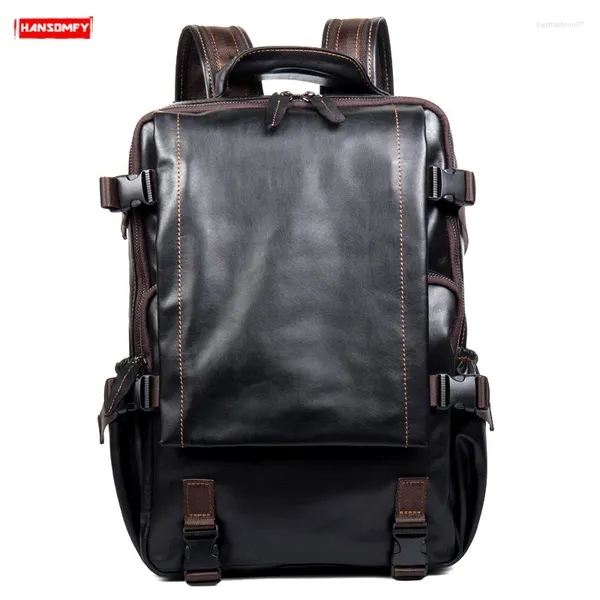 Mochilas de couro genuíno Mochilas masculinas de grande capacidade para laptop Viaje malas de bolsas de bagagem de bolsa pretas vintage 2024