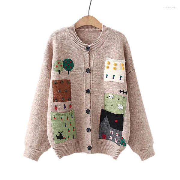 Magliette femminili da donna oversize Donne cargo floreali a maglia vintage a maglia vintage coreana in lana grigia cappotto inverno inverno kawaii fumetto patch