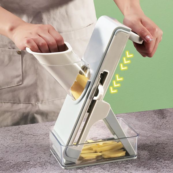 Slicer Safe Mandolino Cutter vegetale vegetariano Dicer Slicer per julienne fritte e patate francese ottengono scatola di stoccaggio con coperchio 240407